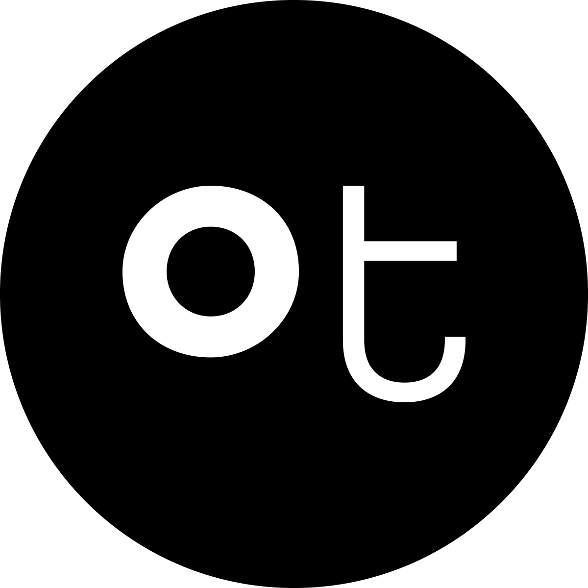 A minimalist black circular logo containing the white lowercase letters 'ot' centered on a solid black background.