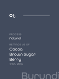 Dark slate blue package label with white text reading 'ot', 'PROCESS Natural', 'REMINDS US OF Cocoa Brown Sugar Berry', and '10 oz / 283 g'. A faint 'Brazil' watermark appears at the bottom right.
