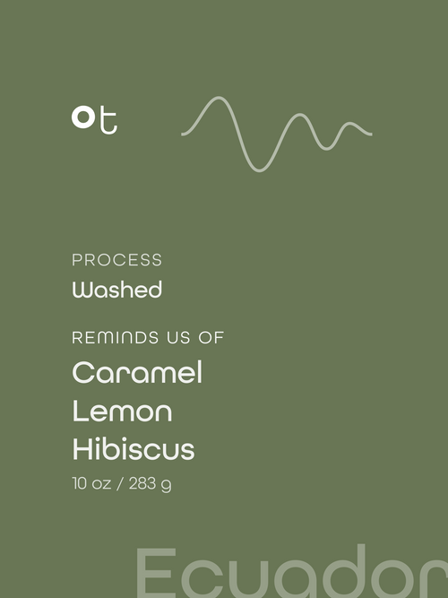 Green package label with white text reading 'ot', 'PROCESS Washed', 'REMINDS US OF Caramel Lemon Hibiscus', and '10 oz / 283 g'. A faint 'Ecuador' watermark appears at the bottom right.