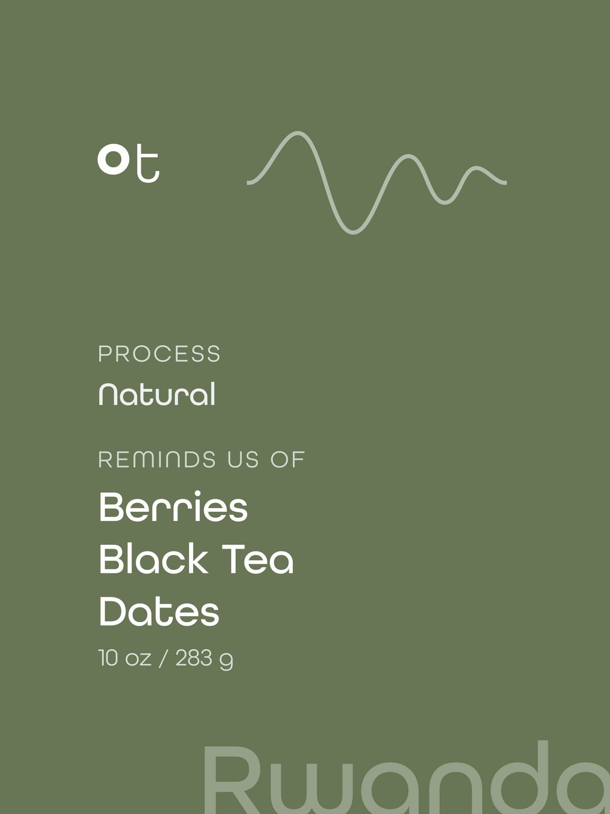 Green package label with white text reading 'ot', 'PROCESS Natural', 'REMINDS US OF Berries Black Tea Dates, and '10 oz / 283 g'. A faint 'Rwanda' watermark appears at the bottom right.
