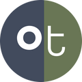 A circular logo split vertically into dark slate blue on the left and muted olive green on the right, with large white lowercase letters 'ot' centered across the division.