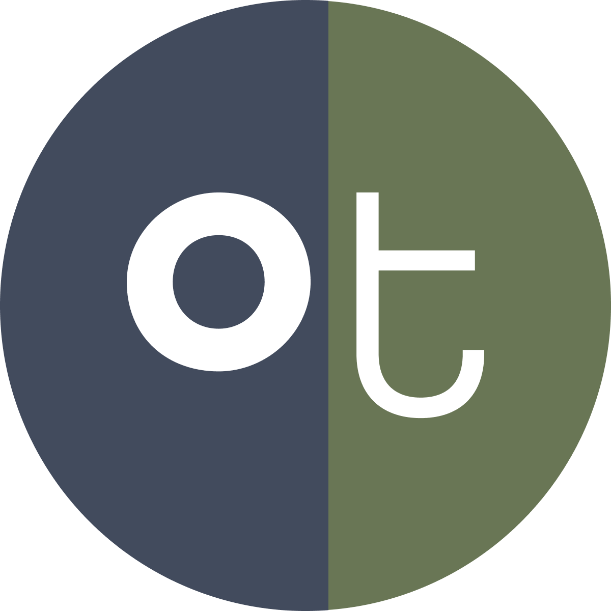A circular logo split vertically into dark slate blue on the left and muted olive green on the right, with large white lowercase letters 'ot' centered across the division.